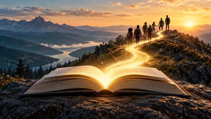 A glowing open book forms a path toward a sunrise as people walk together through the mountains