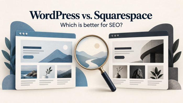 Two illustrated website windows and a magnifying glass beneath the headline “WordPress vs. Squarespace: Which is better for SEO?”